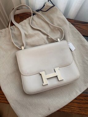 Hermes Constance Smooth Leather Crossbody in Light Beige